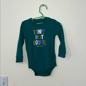 NWOT Carhartt Green Long Sleeve Onesie with. Logo on Left sleeve. Tiny but Tough